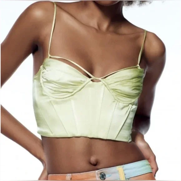 Zara, Tops, Zara Green Satin Corset Crop Top Lime Green